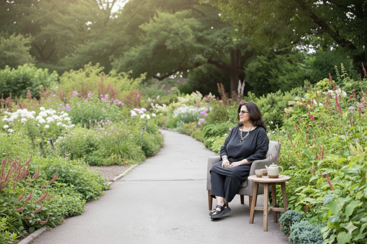 Judith Love in a serene garden setting